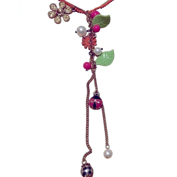 BETSEY JOHNSON Vintage Y-Drop Double-Strand Gold Beaded Charm Necklace NEW NWT - Picture 3 of 8